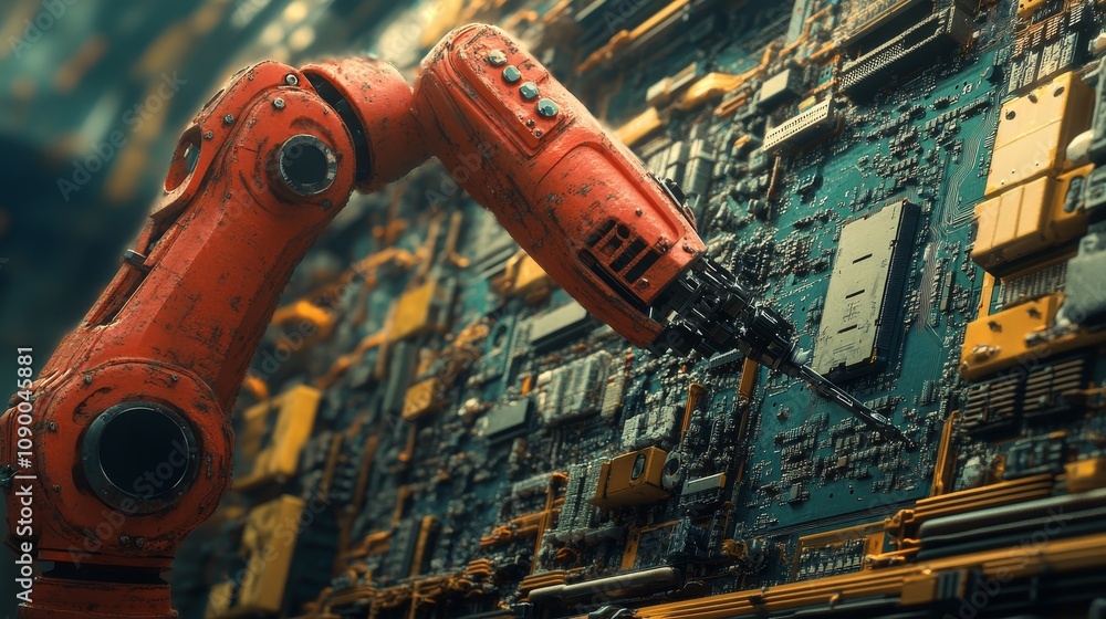 Poster automated robotic arm in action on assembly line welding circuit boards in advanced production facil