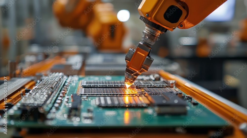 Poster automated robotic arm in action on assembly line welding circuit boards in advanced production facil