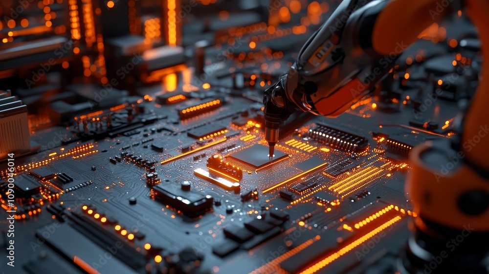 Poster automated robotic arm in action on assembly line welding circuit boards in advanced production facil