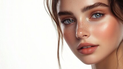 Naklejka premium Close-Up Portrait of a Young Woman with Natural Makeup and Glowing Skin Showcasing Expressive Eyes and Freckles for Beauty and Fashion Applications