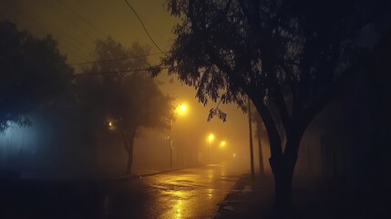 Foggy night street scene with ambient lighting.
