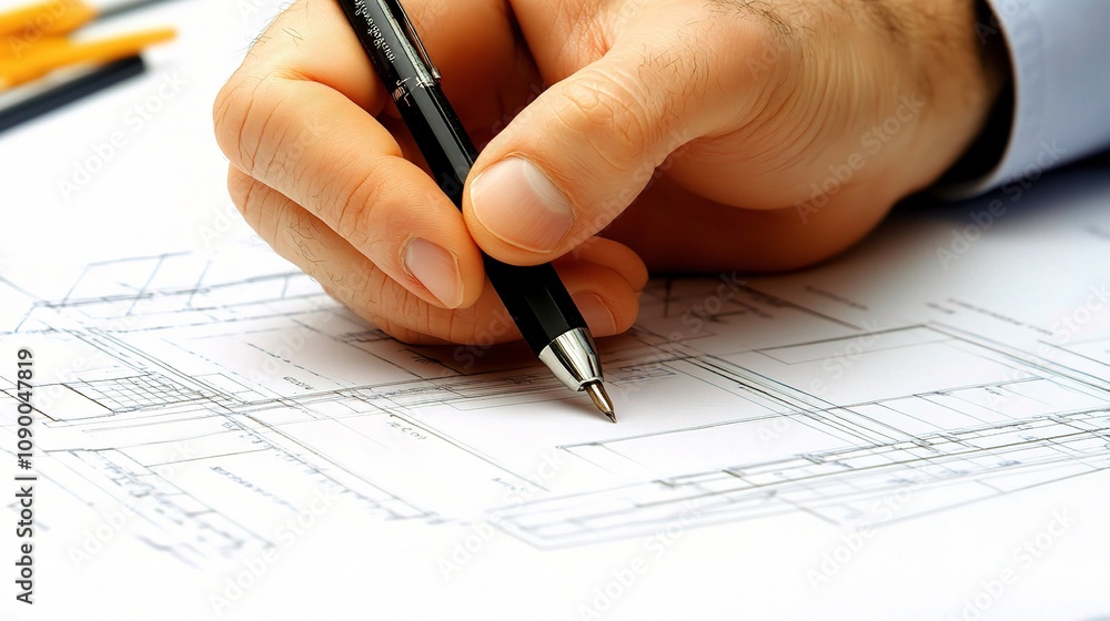 Poster detailed hand with pen on architectural blueprint showing design elements with precision and careful