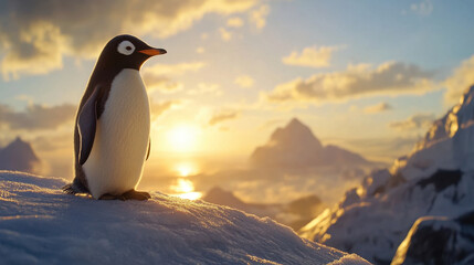 Obraz premium penguin stands majestically on snowy mountain, basking in warm glow of sunset. serene landscape features distant peaks and tranquil sea, creating peaceful atmosphere
