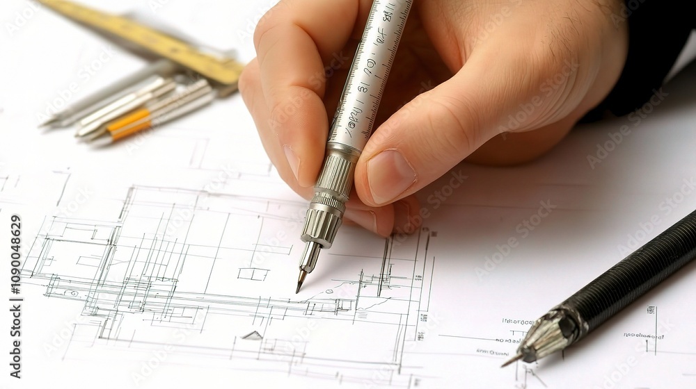 Poster hand of architect drawing plans with drafting tools on blueprint paper, close-up view of technical i