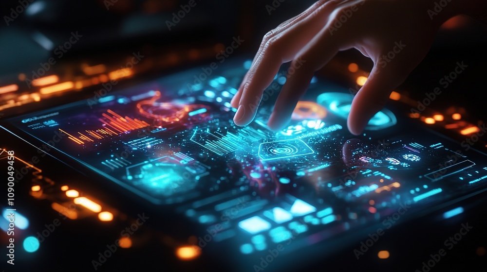 Poster futuristic user interface display with hand interacting, showcasing data visualization and advanced 