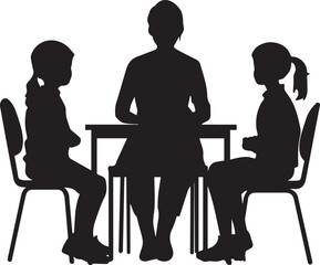 Silhouette of a teacher sitting at a desk with students listening, teacher vector silhouette