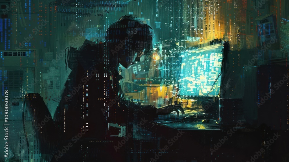 Poster a person working intently at a computer, surrounded by digital data.