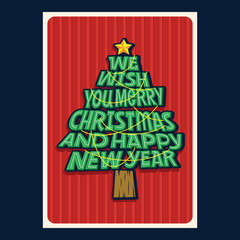 We Wish You Merry Christmas And Happy New Year Card. Hand Drawn Tree Neon Typography