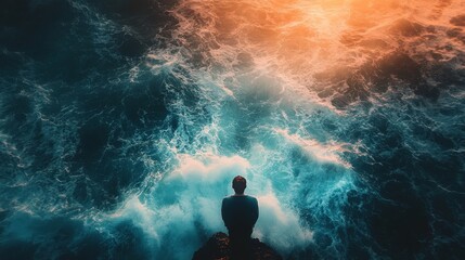 Fototapeta premium Solitary figure gazing at the vast ocean during a serene sunrise, evoking peace, introspection, and natural beauty. A calming scene of solitude and connection with nature's majestic elements.