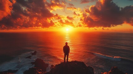 Solitary figure gazing at the vast ocean during a serene sunrise, evoking peace, introspection, and natural beauty. A calming scene of solitude and connection with nature's majestic elements.