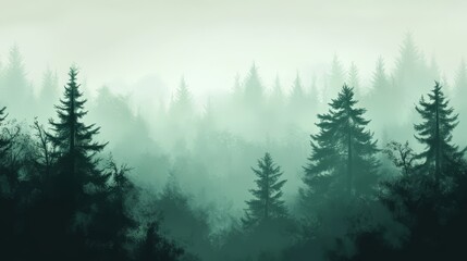 Fototapeta premium Misty forest landscape with tall evergreen trees. (1)