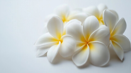 Fototapeta premium Beautiful plumeria flowers with white petals and yellow centers on soft background evoke sense of tranquility and elegance