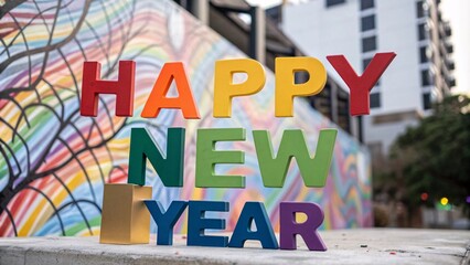 Fototapeta premium Rainbow Happy New Year text with abstract background