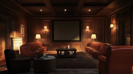 Cozy and Stylish Living Room with Brown Leather Sofas, Ambient Lighting, Dark Wood Panels, and Large Projection Screen in a Modern Setting