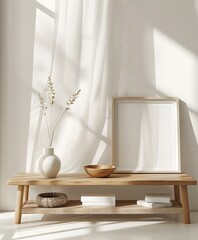 Fototapeta premium Frame mock up on Living Room, Minimalist Corner with Soft Shadows and Artistic Decor- Generative Ai