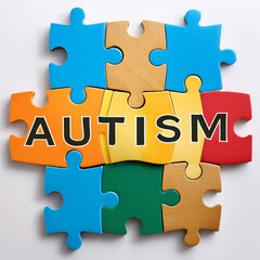 Fototapeta premium Colorful puzzle pieces with the words “autism” on white background, psycology and mind children disorder