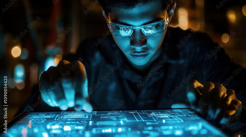 Poster focused young man using high-tech interface in dimly lit room engaged with digital data display on s
