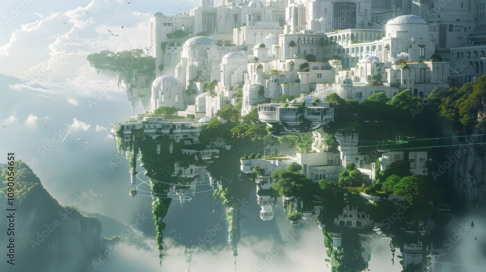 Poster a floating cityscape with lush greenery and futuristic architecture.