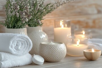 A serene spa setup with candles, towels, and decorative plants for relaxation.