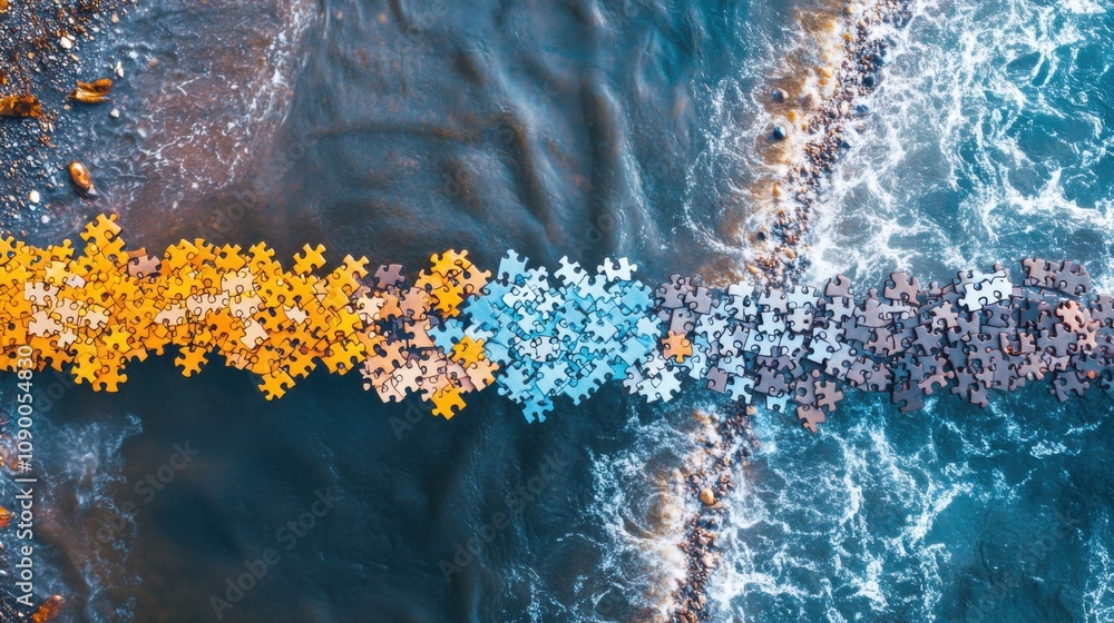 Poster a bridge made of puzzle pieces connecting two shores, representing the connections built by embracin