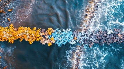 A bridge made of puzzle pieces connecting two shores, Representing the connections built by embracing diversity, minimalistic style