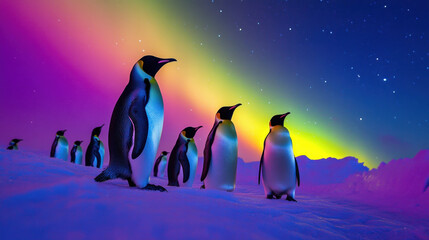 Fototapeta premium Majestic penguins stand under vibrant aurora borealis, creating stunning contrast against snowy landscape. colorful lights illuminate night sky, enhancing serene atmosphere
