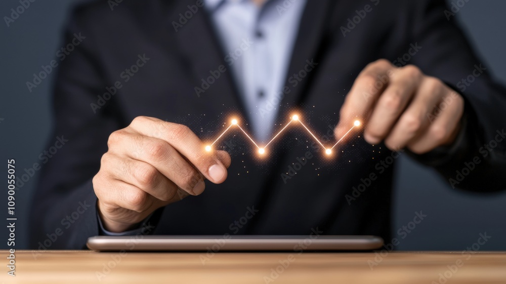 Poster a business professional manipulates a digital graph, showcasing data trends with glowing points, sym