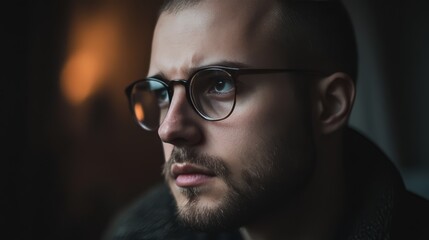 Obraz premium Pensive young man with glasses looking away.