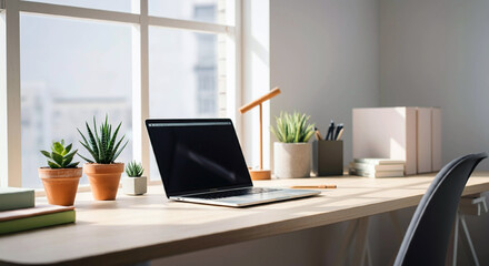 Fototapeta premium Minimalist Workspace with Laptop and Plants