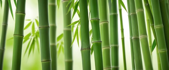 Fototapeta premium Fresh Green Bamboo Stalks with Light Filtering Through Leaves for a Serene Vibrant Background