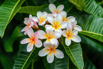 Fototapeta premium Plumeria flowers bloom in clusters, showcasing vibrant white and yellow petals against lush green leaves, creating serene and tropical atmosphere