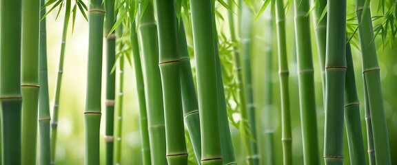 Fototapeta premium Fresh Green Bamboo Stalks with Light Filtering Through Leaves for a Serene Vibrant Background