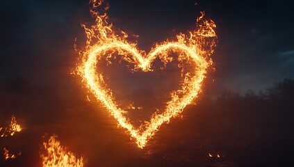 Fototapeta premium Fiery heart burning brightly against an indigo background, with intricate flame patterns symbolizing passion, love, and warmth, ideal for Valentine’s Day messages.