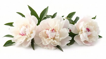 Beautiful Peonies in Soft Pastel Colors with Lush Green Leaves Against a White Background for Floral Design Projects
