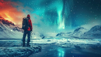 Obraz premium A lone hiker gazes at the aurora over a snowy landscape.