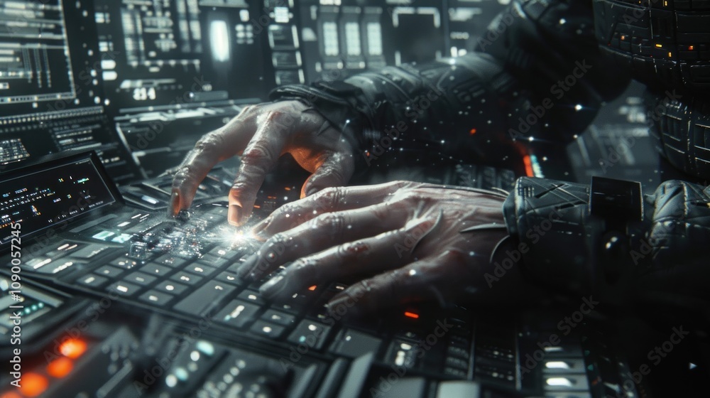 Poster futuristic hands typing on a glowing keyboard in a tech environment.