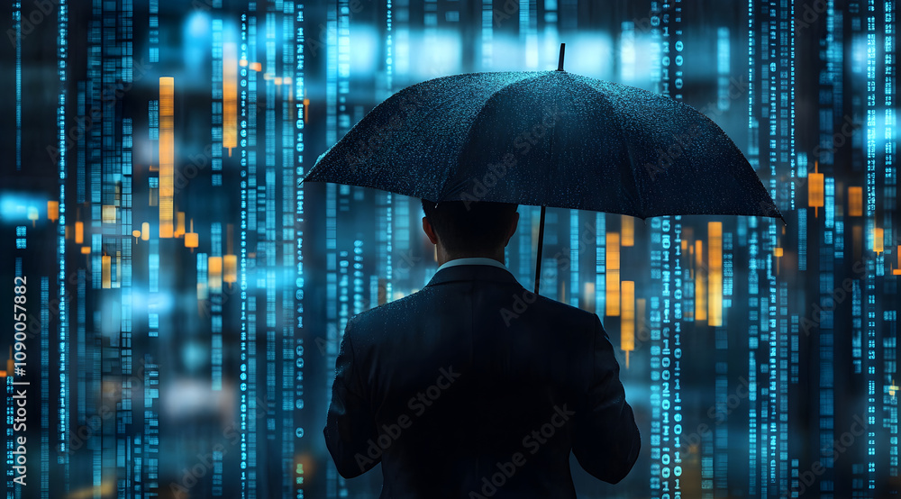 Poster a figure in a suit stands with an umbrella against a backdrop of cascading digital data, symbolizing