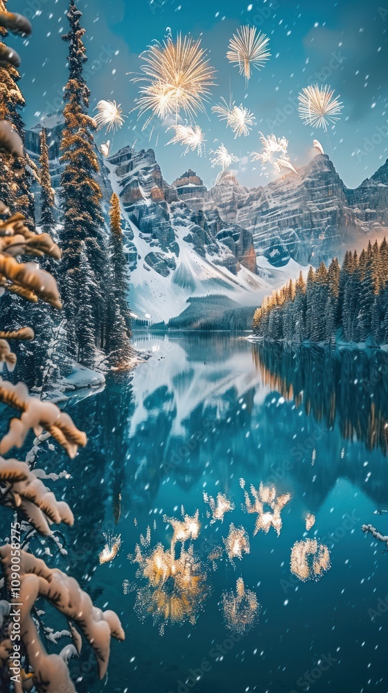 Poster snowy mountains reflected in a calm lake with fireworks exploding overhead.