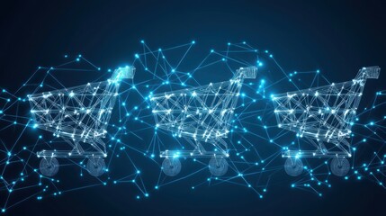 A digital representation of shopping carts, interconnected with a network of glowing nodes, symbolizing e-commerce and technological innovation.