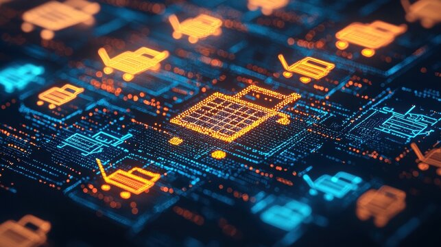 A vibrant digital grid featuring shopping cart icons and circuitry, symbolizing the intersection of technology and e-commerce.