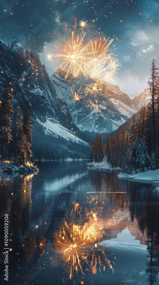 Poster a stunning view of fireworks exploding over a snow-capped mountain range reflected in a calm lake, c