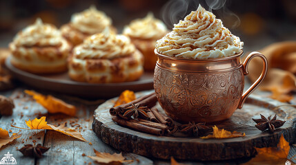 Fototapeta premium Steaming Chai Tea with Cinnamon Rolls – Cozy Autumn Aesthetic