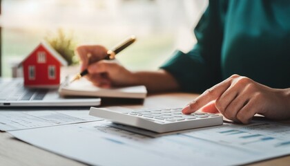 Fototapeta premium A close-up of a woman's hand using a calculator to manage home finances and writing notes, focusing on accounting and budget management at a table. She is handling financial planning and budgeting.