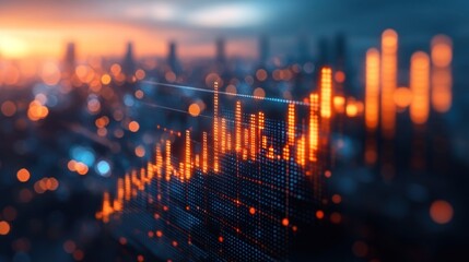 Cityscape with glowing financial graph overlay.