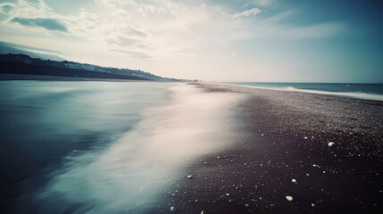 Fototapeta premium Serene coastal scene with blurred waves washing ashore on a pebble beach.