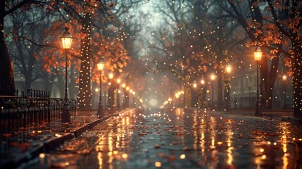 Fototapeta premium A serene, rainy street illuminated by warm lights and autumn leaves.