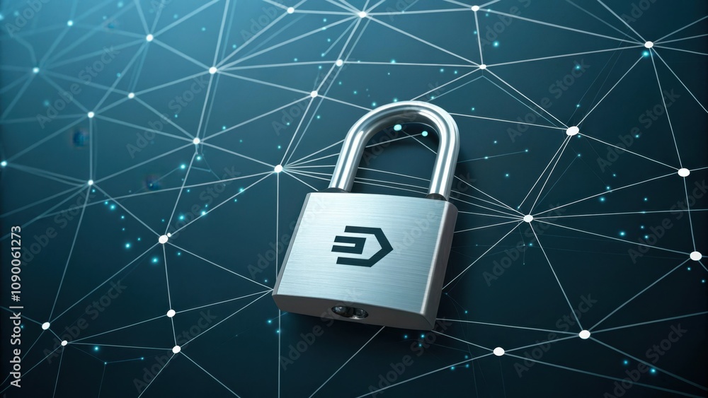 Poster privacy in defi a digital lock symbol overlaying a blockchain network indicating the importance of p
