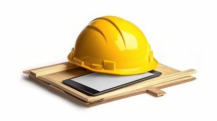 Yellow Construction Helmet on Tablet Device Resting on Wooden Board, Symbolizing Safety and Technology in the Building Industry