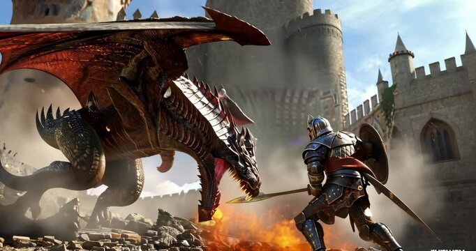 Knights in shining armor defending a castle from a dragon attack, 4K Video