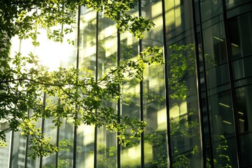 Bright Sunlight Reflecting on Modern Glass Building Surrounded by Fresh Green Leaves in Urban Environment During a Beautiful Day